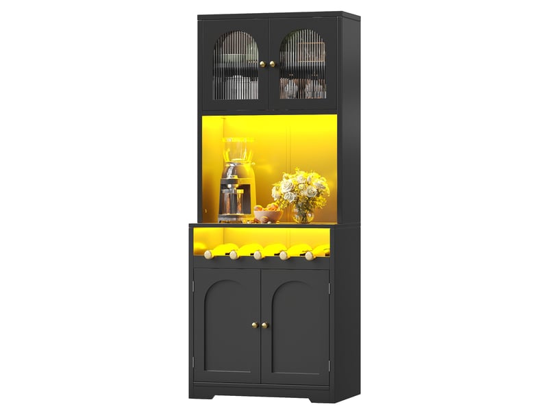  Lot de 2 buffets hauts 140 x 38,3 x 180 cm avec led rgb, portes vitrées, casier à vin et étagères réglables, noir  - Conforama A