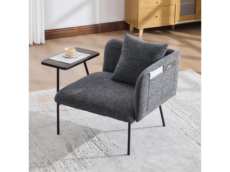  Fauteuil de salon moderne avec table d'appoint - 86x72x71cm - design avec poches de rangement et cadre métal - gris foncé  - Conforama C