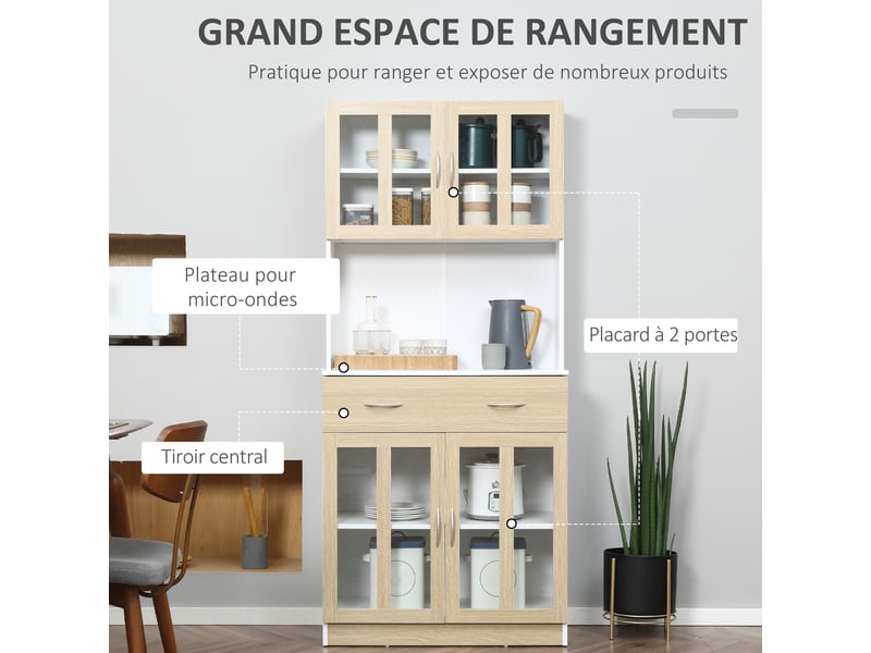  Buffet haut de cuisine armoire de cuisine multi-rangement 4 portes vitrine verre avec tiroir étagère coulissant grand plateau en bois blanc aspect chêne clair  - Conforama A