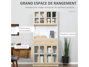 Buffet haut de cuisine armoire de cuisine multi-rangement 4 portes vitrine verre avec tiroir étagère coulissant grand plateau en bois blanc aspect chêne clair
