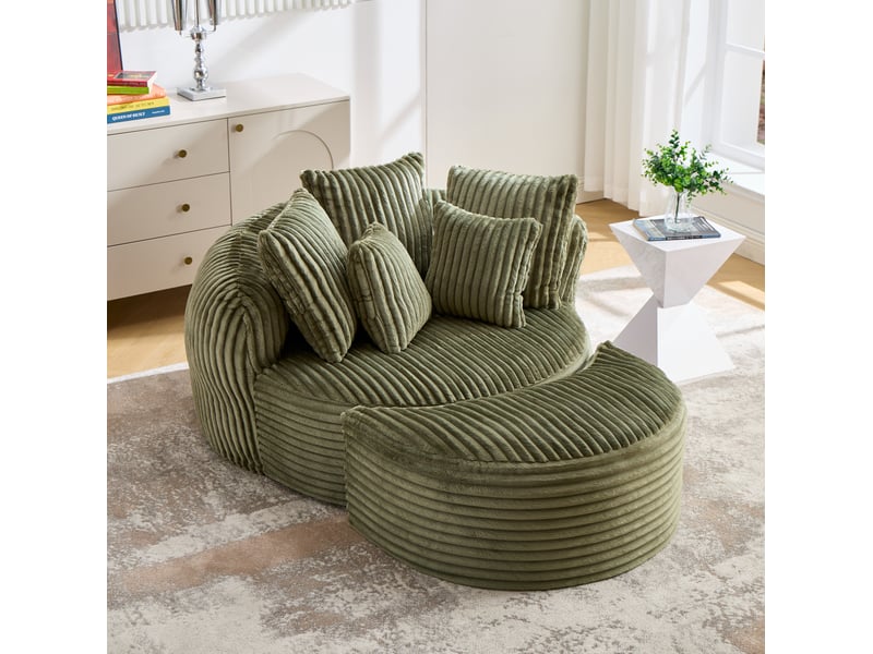  Fauteuil relax rond avec repose-pieds en velours côtelé vert émeraude, 5 coussins pour vos moments de détente  - Conforama B