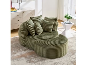 Fauteuil relax rond avec repose-pieds en velours côtelé vert émeraude, 5 coussins pour vos moments de détente