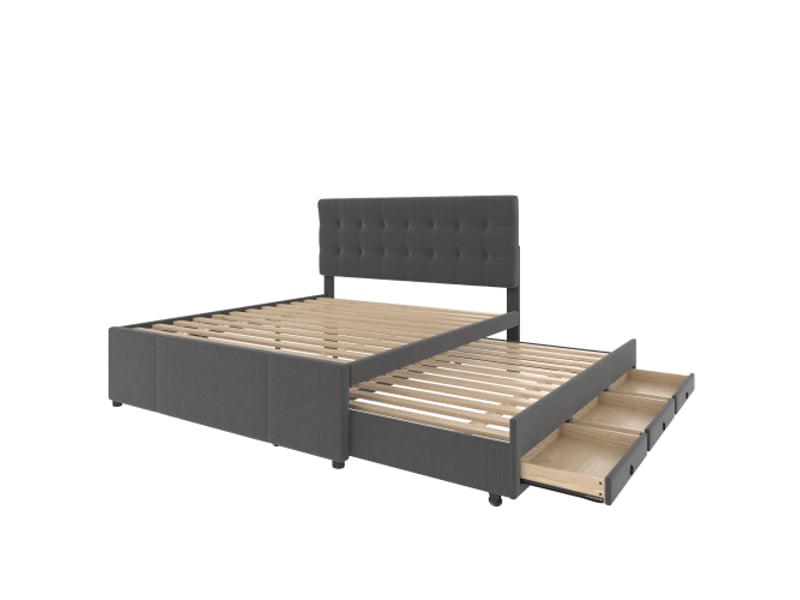  Lit gigogne 140x200 cm, lit double avec 3 tiroirs et tête de lit réglable, tissu en lin, gris, sans matelas  - Conforama E