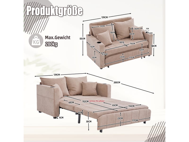  Canapé convertible chenille khaki 139x83cm - canapé lit extensible 3 places avec rangement et coussins inclus  - Conforama C