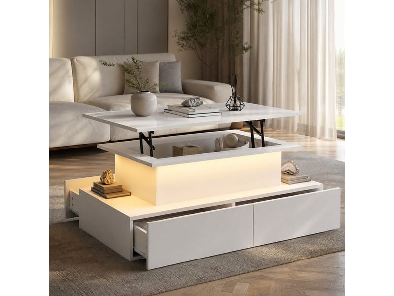  Table basse moderne blanche brillante avec led et 4 tiroirs – plateau relevable 90 x 55 x 41 cm  - Conforama C