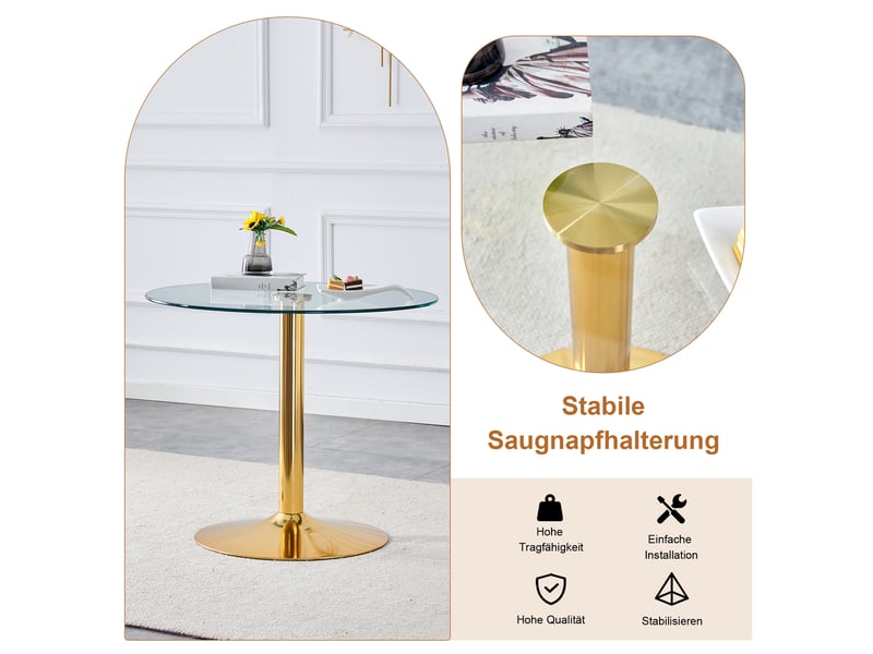  Ensemble table et 2 chaises de salle à manger, table ronde en verre trempé de 85 cm, blanc et doré, style contemporain  - Conforama W