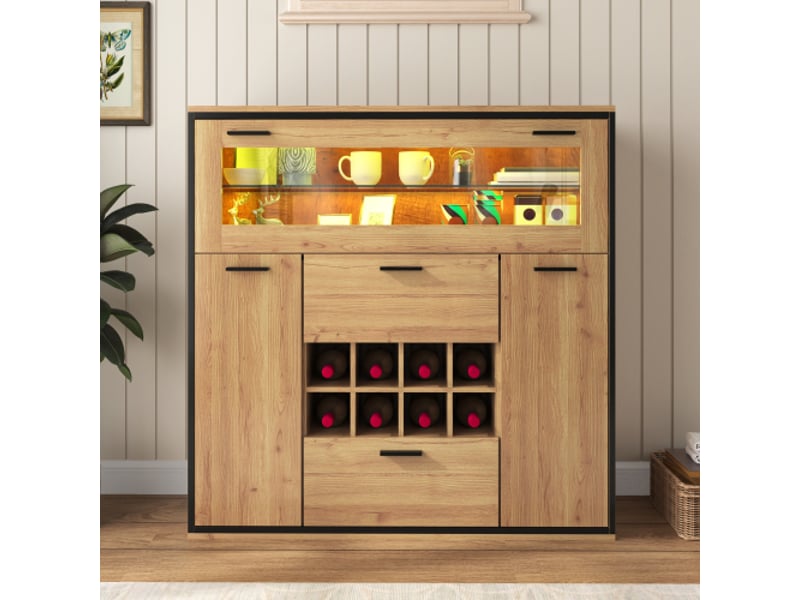  Bar led 2 portes 8 casiers à bouteilles décor chêne et métal noir bar naturel - Conforama B