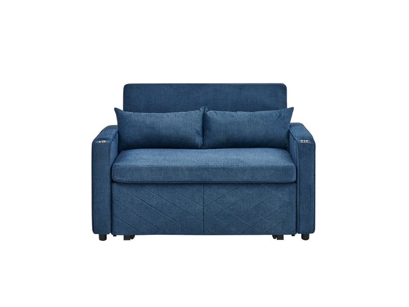 Canapé convertible 2 places bleu marine en tissu et bois, design minimaliste élégant avec chargeur usb intégré - Conforama A