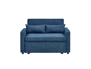 Canapé convertible 2 places bleu marine en tissu et bois, design minimaliste élégant avec chargeur usb intégré