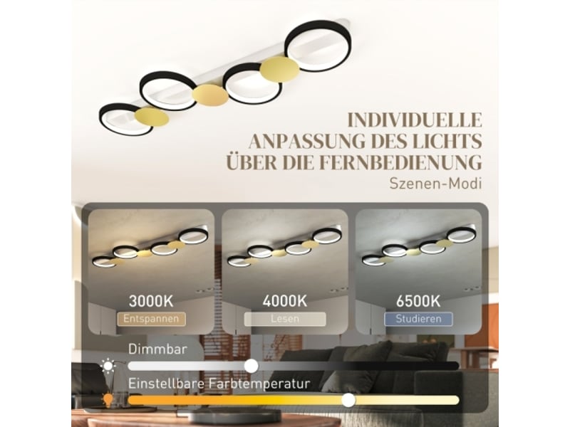  Plafonnier led 38 w 1500 lm, noir et doré, 3000-6500 k, 4 ampoules, télécommande  - Conforama C