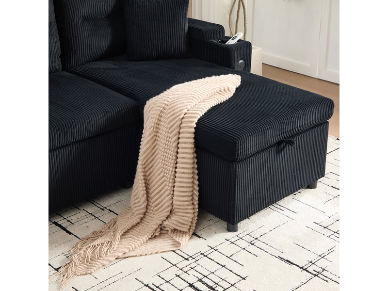 Méridienne canapé 3 places noir corduroy avec coffre de rangement et chargeur usb-c intégré - Conforama R
