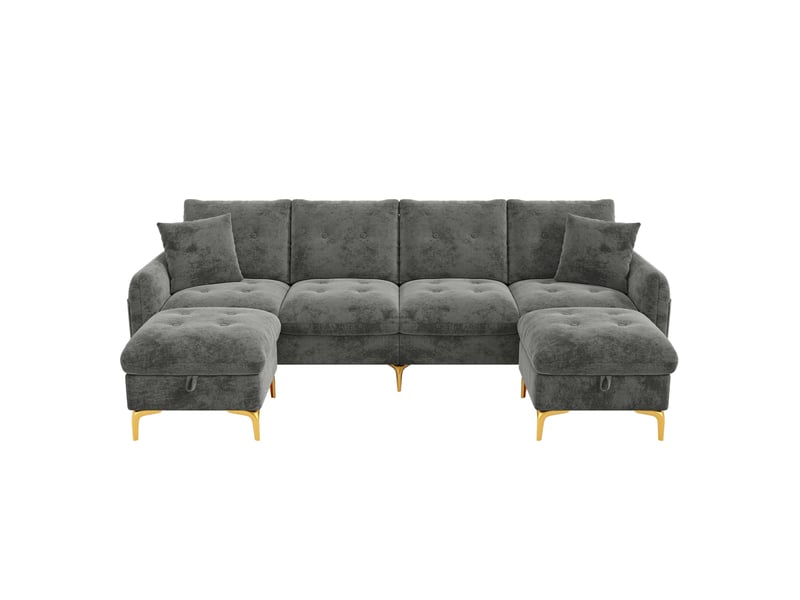 Canapé modulable tcqpz 4 places 263 x 137 x 85 cm avec 2 poufs de rangement gris chenille - Conforama A