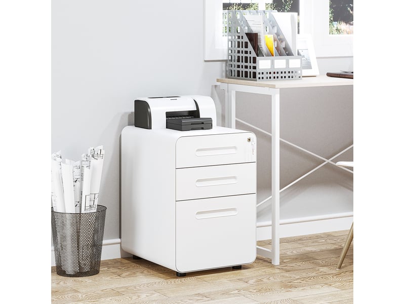  Rollcontainer bureau 39x48x59 cm – blanc – 3 tiroirs verrouillables sur roulettes en acier pour documents a4  - Conforama B