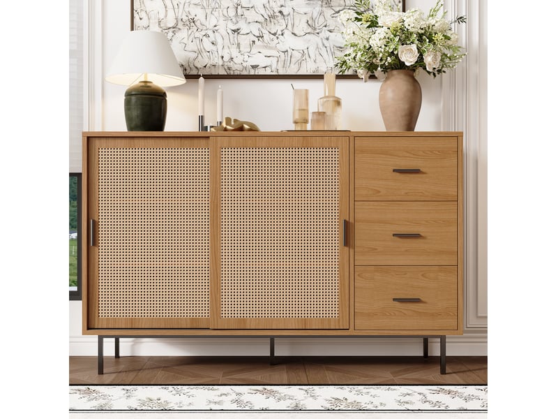  Buffet de rangement style campagne – 2 portes coulissantes et 3 tiroirs – naturel – 140 x 37 x 91 cm  - Conforama C