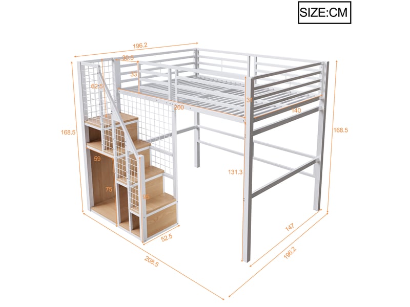  Lit mezzanine enfant 140x200 cm – blanc – rangement intégré, échelle sécurisée – sans matelas  - Conforama C