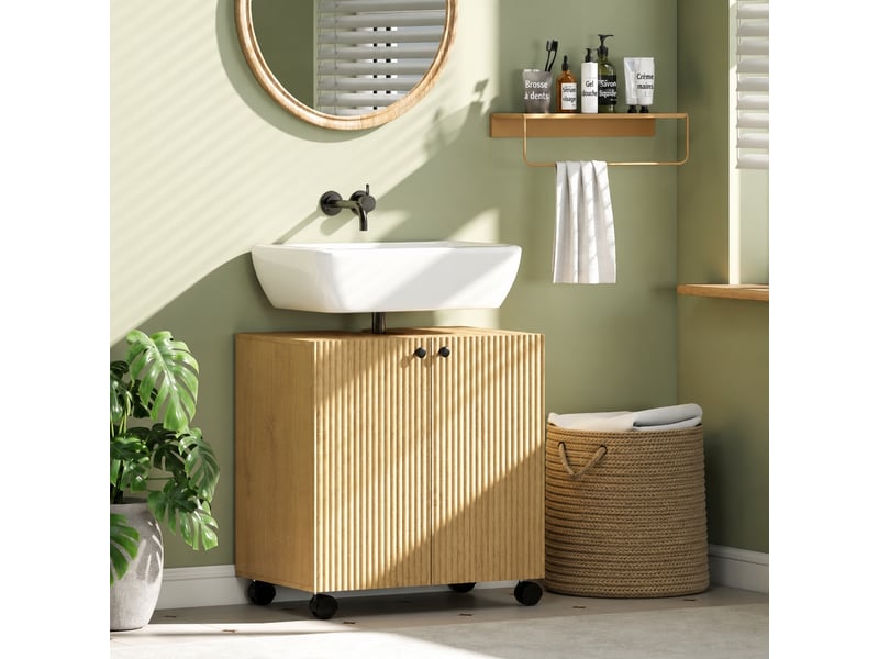  Meuble sous lavabo salle de bains en bois naturel, étagère réglable et roulettes verrouillables  - Conforama B