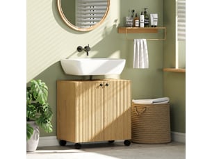 Meuble sous lavabo salle de bains en bois naturel, étagère réglable et roulettes verrouillables