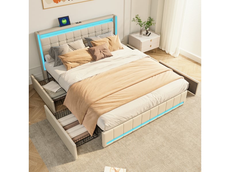  Lit double adulte 180x200, lit 180x200, 4 tiroirs, bandeau led et port usb, tissu en lin, beige  - Conforama D