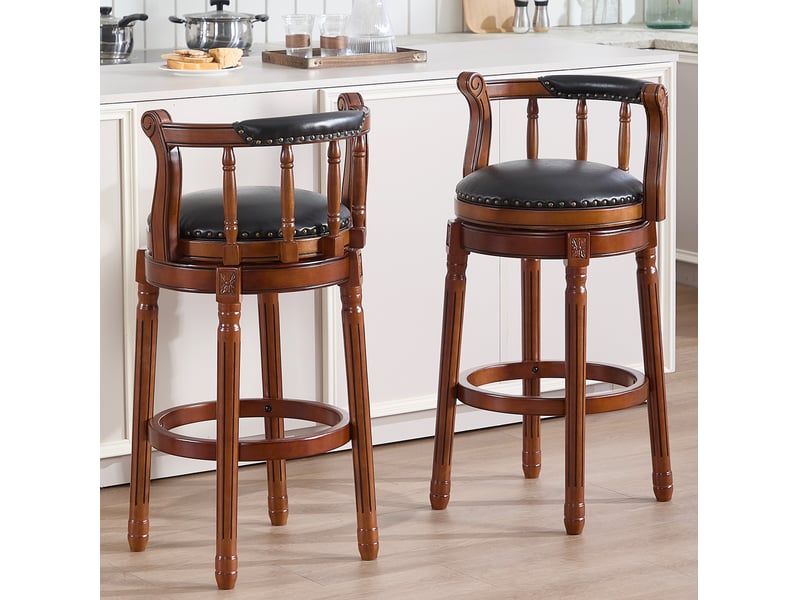  Tabouret de bar pivotant 55x55x96 cm, revêtement en similicuir véritable, dossier haut, noir, pieds en bois, assise capitonnée  - Conforama E