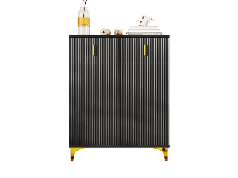  Meuble à chaussures noir 83x35x101 cm, buffet avec 2 tiroirs et 2 portes, structure panneau particules  - Conforama A
