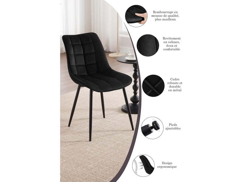 8 x chaise de salle à manger, assise rembourrée en velours épais, pieds en métal, noir  - Conforama E