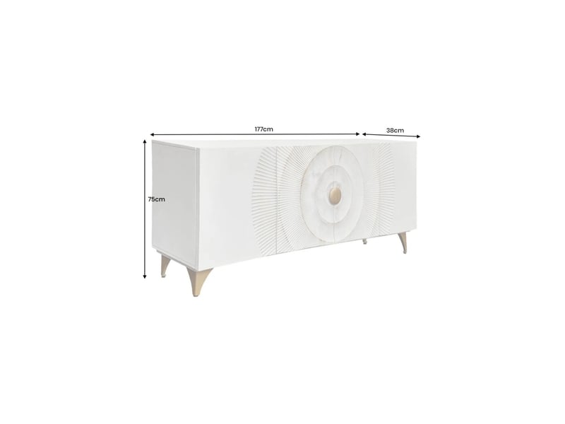 Buffet solaris 177 cm blanc et doré – 4 portes sculptées motif solaire en bois de manguier - Conforama C