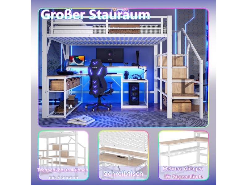  Lit mezzanine 140 x 200 cm sans matelas, structure métal, bureau, led, usb, escalier avec rangement, blanc  - Conforama D