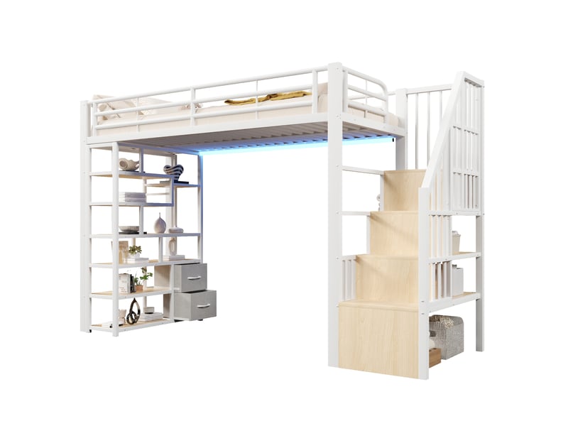  Lit mezzanine enfant 90x200cm avec tiroirs en tissu et espace sous le lit, led, étagère, marches intégrées et barrière, métal blanc evarich - Conforama A