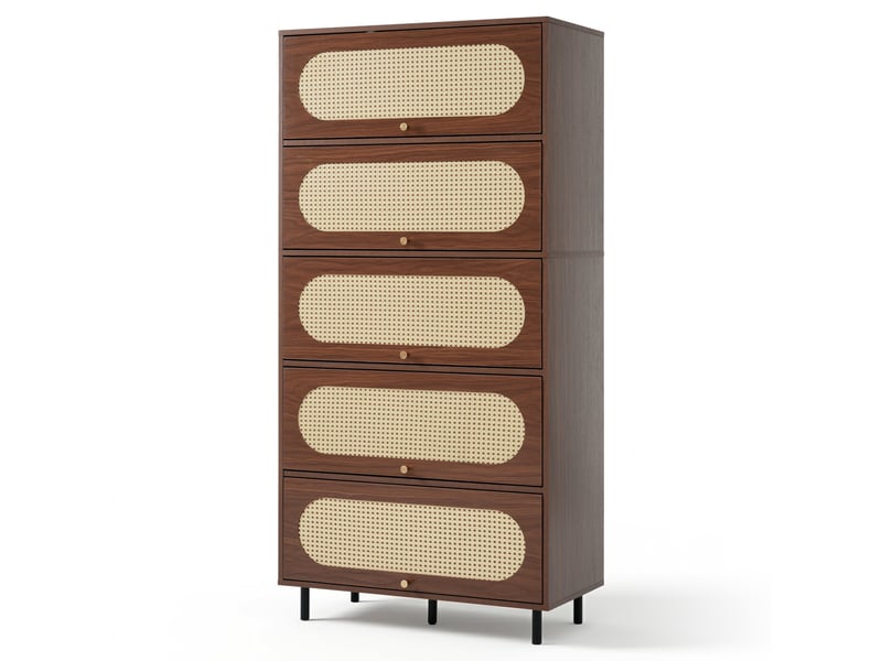 Armoire haute 5 abattants mdf et métal coloris noyer avec rotin 80 x 40 x 163 cm  - Conforama B
