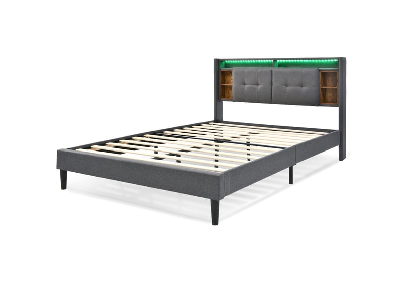  Lit 160x200 cm avec tête de lit rangement, led, usb et prises, sommier à lattes, gris Fay Lum - Conforama A