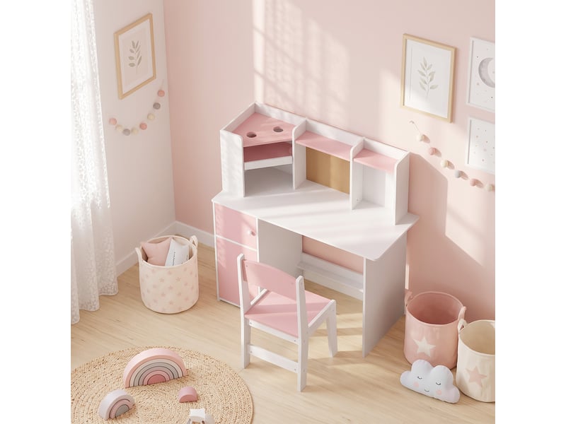 Bureau enfant avec chaise, table d'étude, support de tablette réglable, porte-stylos, 5-12 ans, panneau en liège, rose - Conforama D