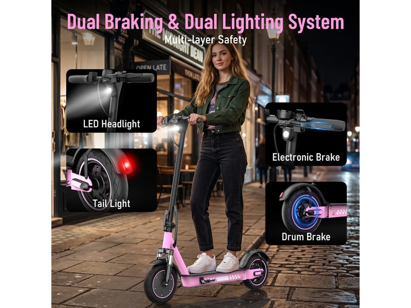  Trottinette électrique hiqis d9pro, double suspension, pneus alvéolés 10, rose  - Conforama D