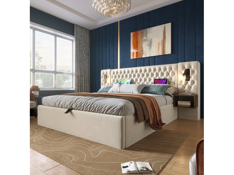 Lit coffre 180x200 cm avec 2 chevets, liseuses usb-c, beige en velours - Conforama B