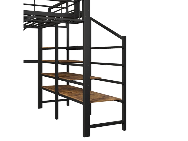 Lit mezzanine 140 x 200 cm en métal et mdf noir, avec rangement ouvert, étagères et éclairage led réglable - Conforama R