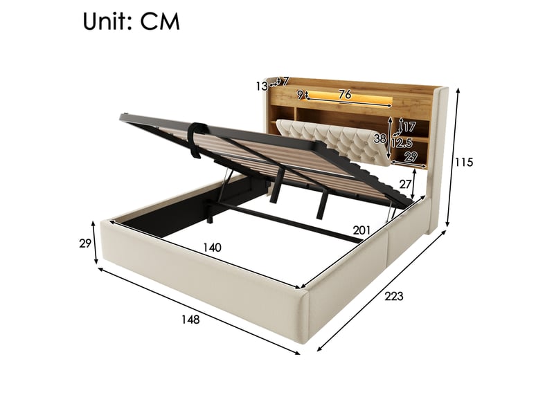  Lit coffre 140x200 cm avec led, usb et rangement coloris beige  - Conforama C