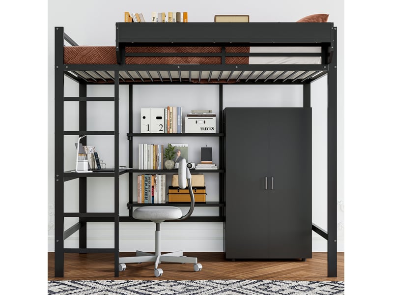  Lit superposé 90x200 cm avec bureau et armoire, métal et panneau de particules, noir, sans matelas  - Conforama D