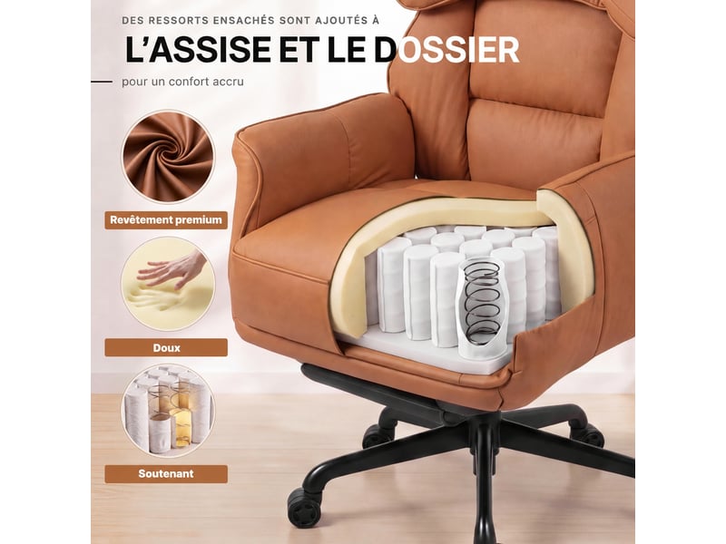  Fauteuil de bureau ergonomique,dossier inclinable 90°-135,repose-pieds,hauteur réglable,cuir pu,marron  - Conforama D
