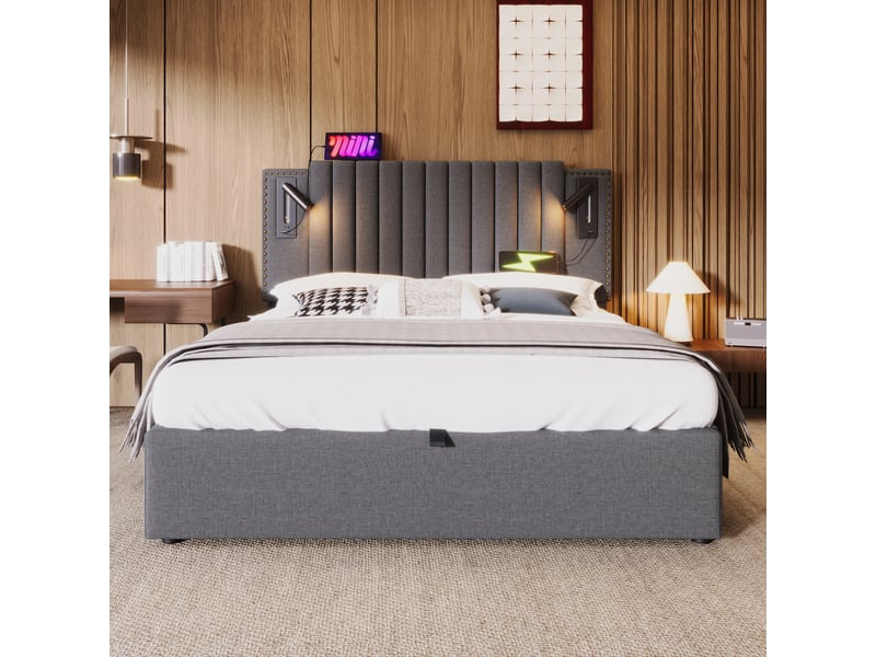  Lit coffre rembourré 180x200 cm, tête de lit réglable cloutée, liseuse, 2 usb-c, rangement hydraulique, tissu coton-lin - gris  - Conforama B