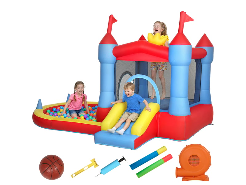 Château gonflable avec souffleur, toboggan, trampoline, pataugeoirepiscine à balles, pistolet à eau, 342 x 255 x 209 cm, bleu - Conforama B