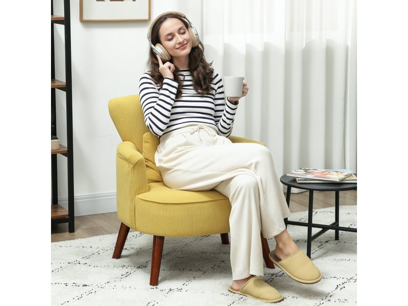  Fauteuil moderne, fauteuil d'appoint rembourré avec coussin lombaire, pieds en bois d'hévéa, jaune  - Conforama C