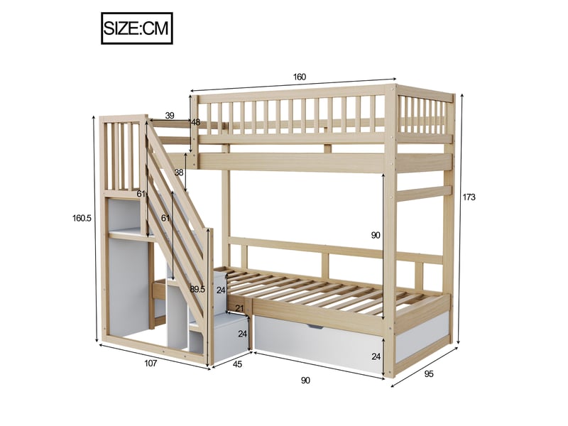  Lit superposé 90x200 cm - lit gain de place avec échelle, tiroirs de rangement et structure robuste - pin et mdf - sans matelas - naturel  - Conforama C