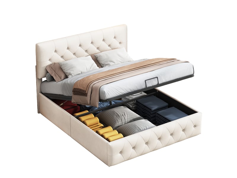 Lit coffre 160x200cm - lit double 160x200 - rembourré en velours avec tête de lit capitonnée et vérins - beige  - Conforama A