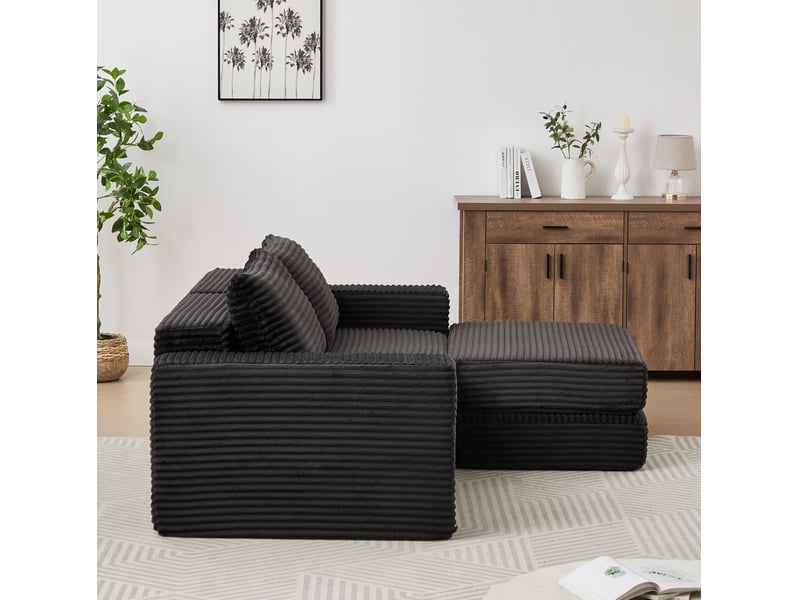  Canapé convertible ulevr 2 places modulable avec pouf amovible en velours côtelé noir  - Conforama E