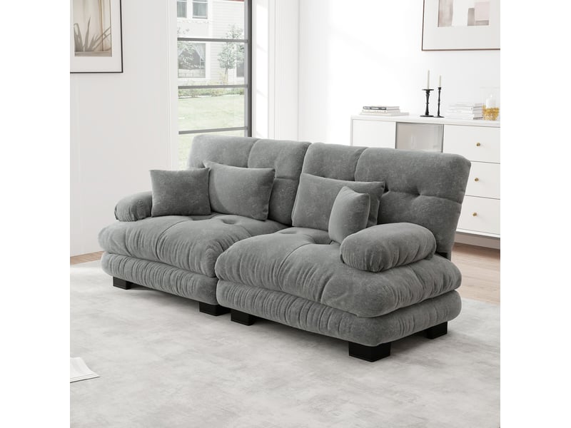 Canapé d'angle 2 places en chenille gris avec 2 coussins lombaires et 2 coussins décoratifs - Conforama C