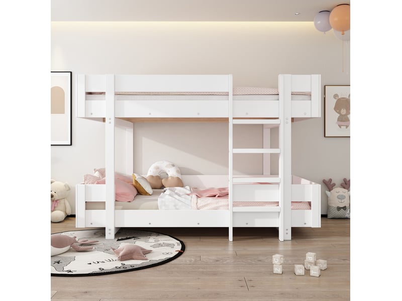  Lit superposé enfant 90x200 cm, avec escalier et barrières renforcées, gain d'espace, bois et mdf, blanc, sans matelas  - Conforama D