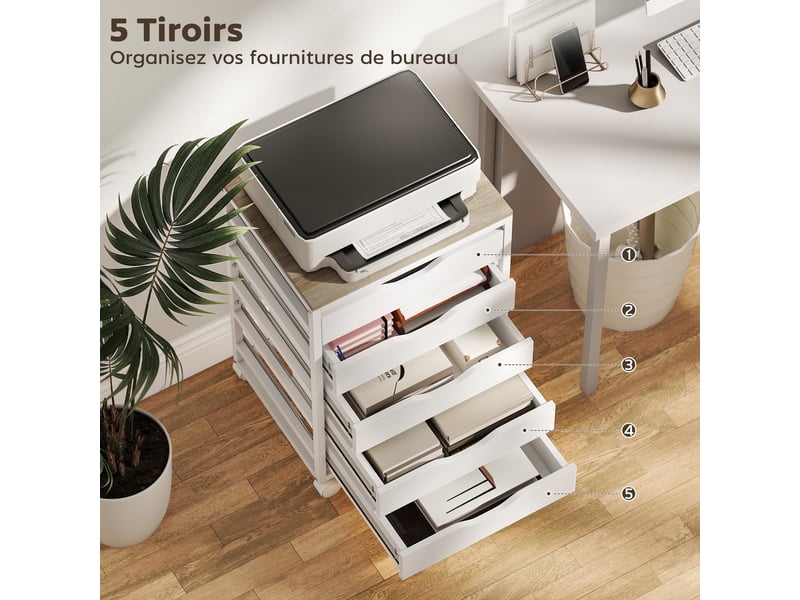 Caisson bureau mobile, meuble rangement sur roulettes bois avec 5 tiroirs, poignées encochées, 50 x 40 x 74,5 cm , blanc  - Conforama D