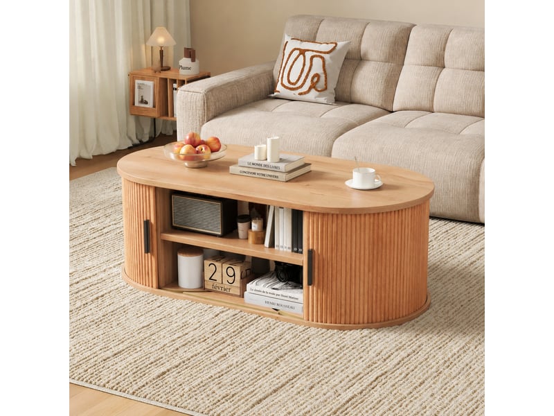 Table basse ovale avec rangement caché, 2 portes à lames, cloison mobile, bois naturel, 100 x 50 x 33 cm  - Conforama C