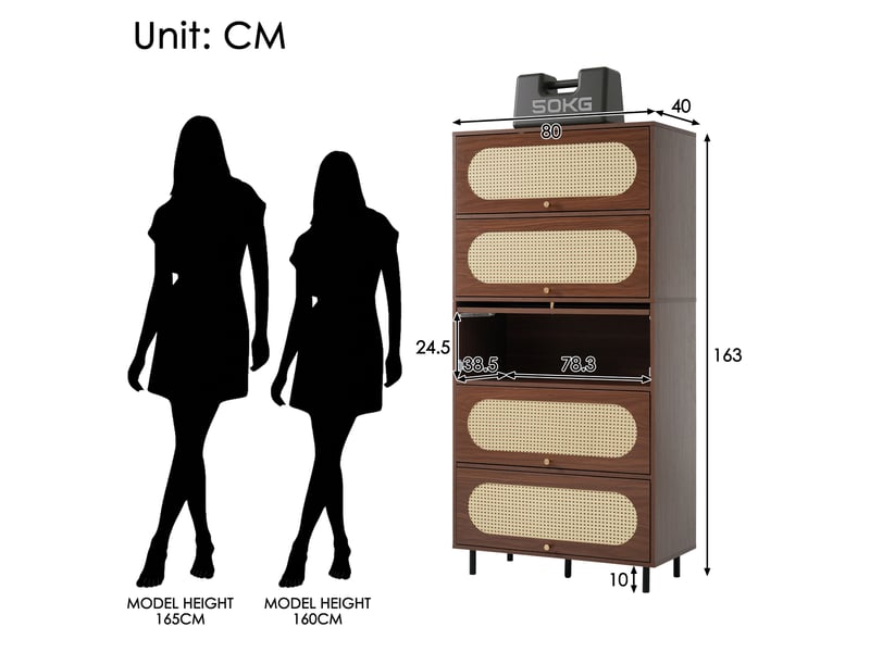  Armoire haute en noyer et rotin 163cm, buffet haut pour salon et couloir. Sans matelas.  - Conforama C
