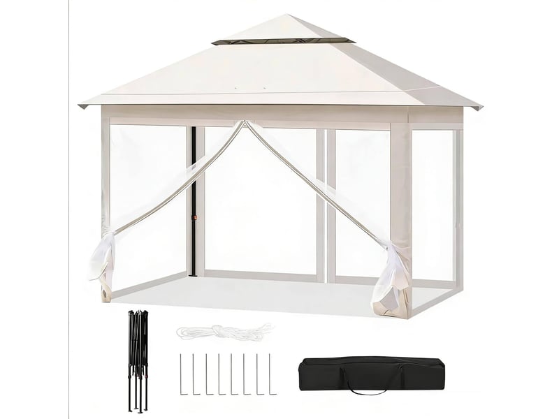  Gazebo pliant 300 x 300 cm - beige - toit double ventilé, moustiquaires amovibles et sac de transport  - Conforama A