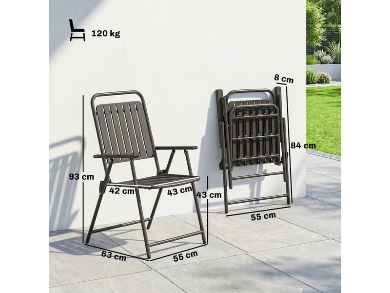  Ensemble de 4 chaises de jardin pliantes avec accoudoirs, dossier et assise, structure en métal, 55 x 63 x 93 cm, marron  - Conforama E